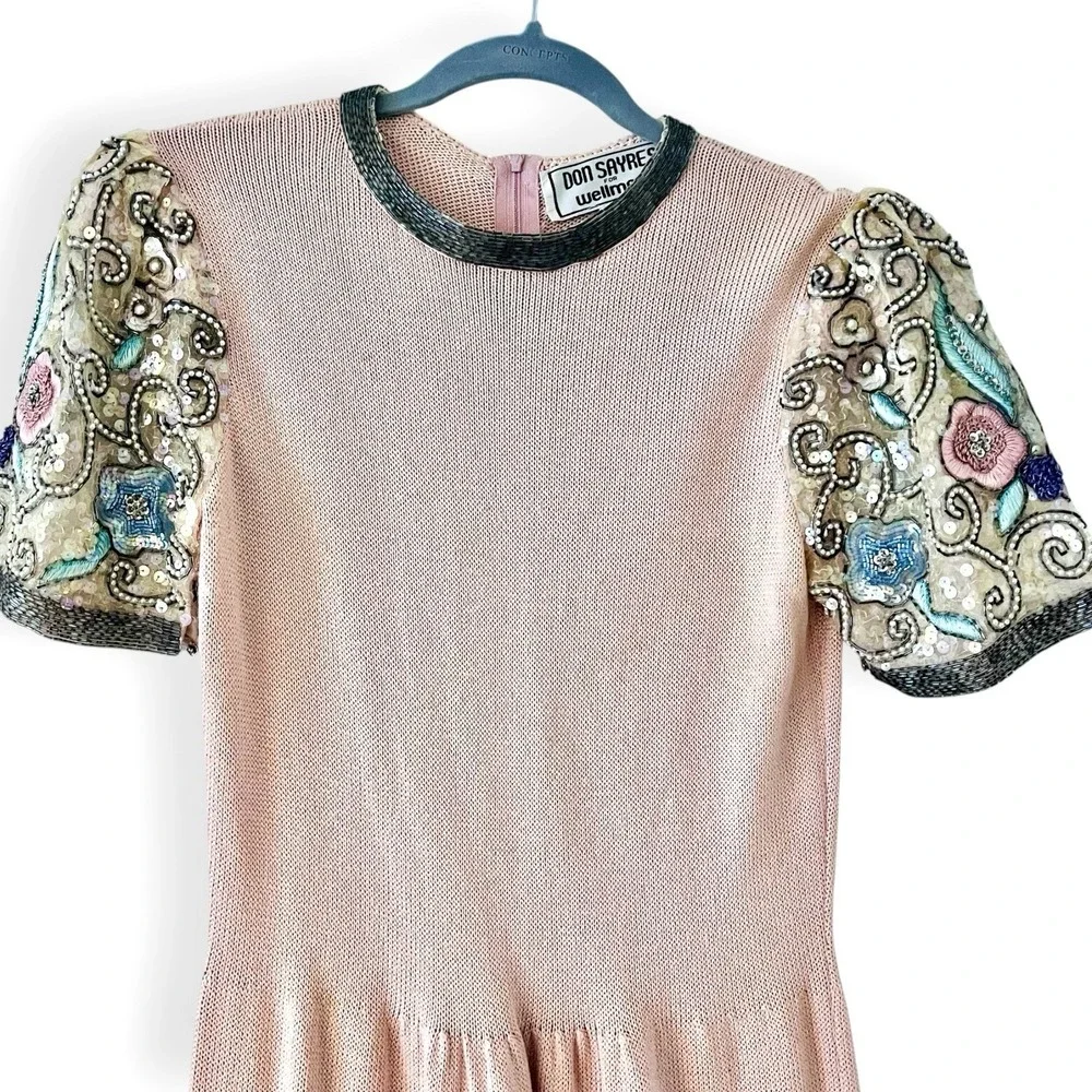 Vintage Don‎ Sayres Wellmore Sweater Dress Small Pink Sequin Beaded Floral